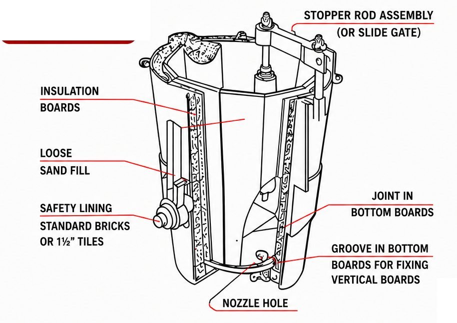 Cold Board Ladle Lining diagram showing stopper rod assembly, insulation boards, loose sand fill, safety lining and nozzle hole